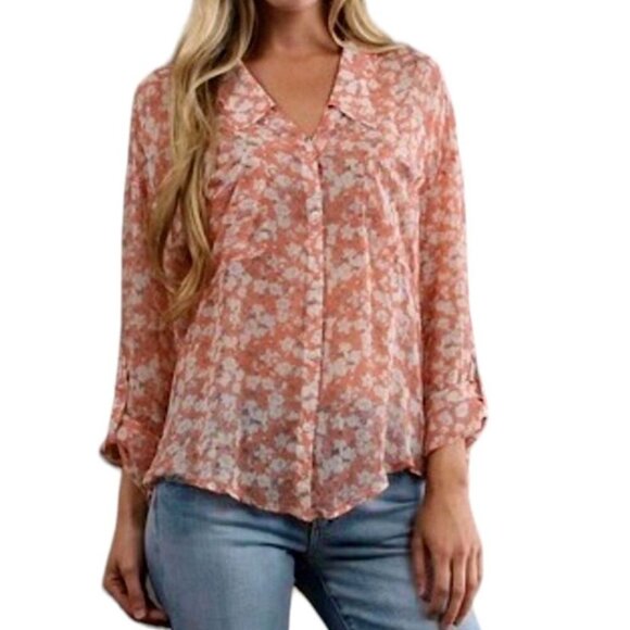 Free People Tops - Free People Orange Floral Sheer Button Down Small Blouse Easy Rider Collard Top
